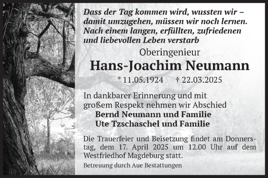 Traueranzeige von Hans-Joachim Neumann von Volksstimme Magdeburg