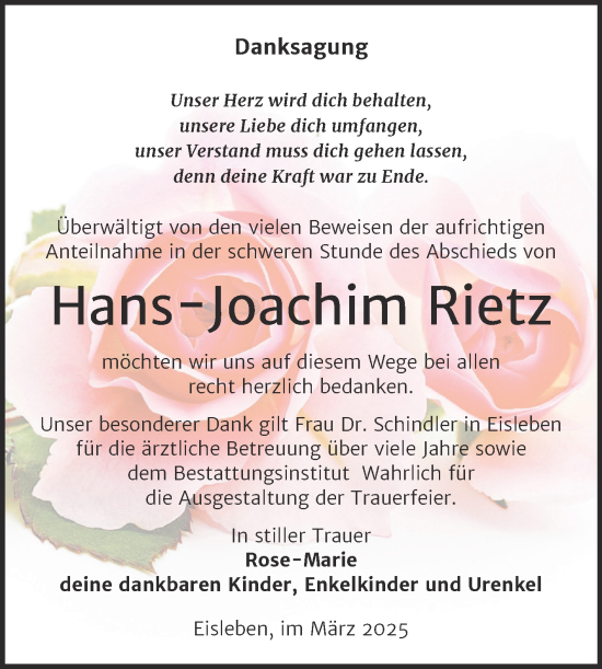 Traueranzeige von Hans-Joachim Rietz von Trauerkombi Mansfelder Land