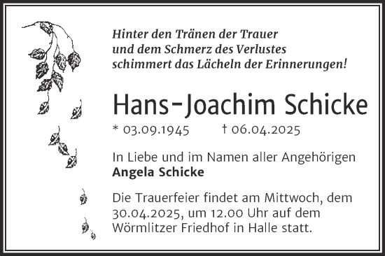 Traueranzeige von Hans-Joachim Schicke von Mitteldeutsche Zeitung Halle/Saalkreis