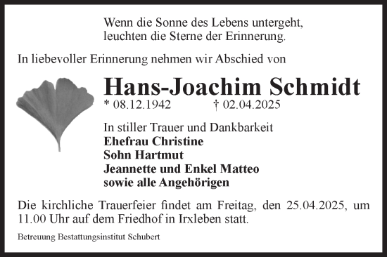 Traueranzeige von Hans-Joachim Schmidt von Volksstimme Haldensleben/Wolmirstedt