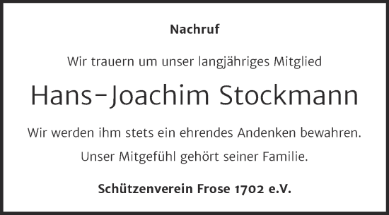 Traueranzeige von Hans-Joachim Stockmann von Trauerkombi Aschersleben