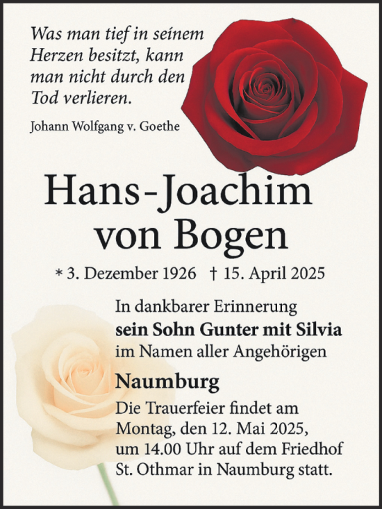 Traueranzeige von Hans-Joachim von Bogen von Naumburger Tageblatt