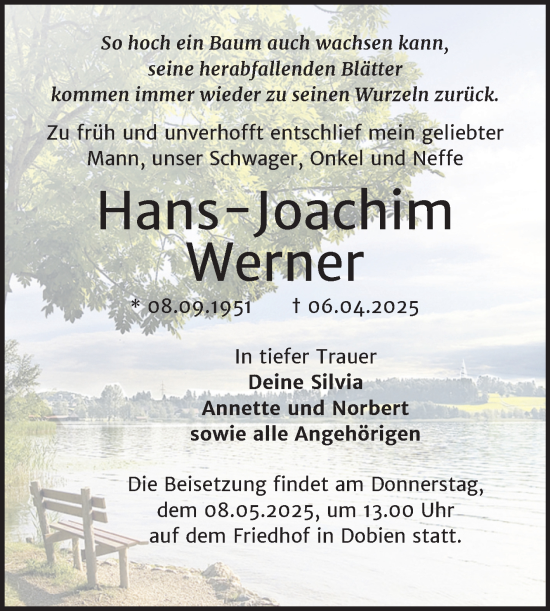 Traueranzeige von Hans-Joachim Werner von Trauerkombi Wittenberg