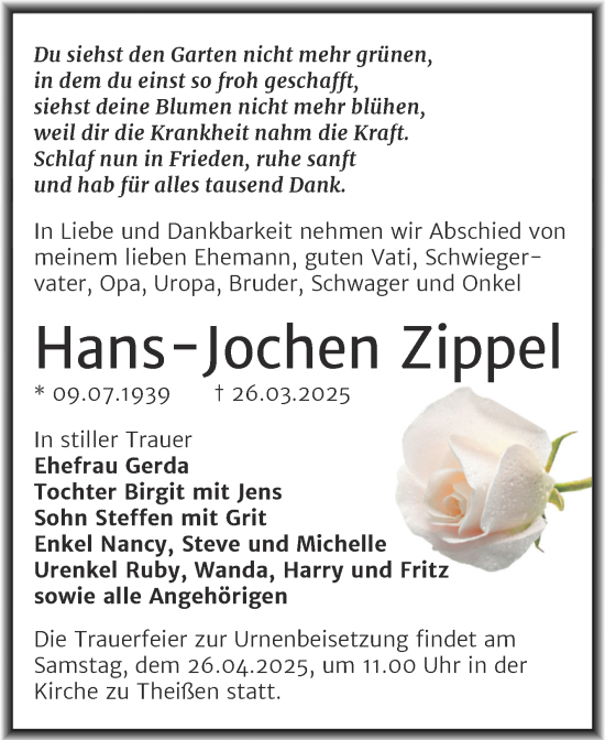 Traueranzeige von Hans-Jochen Zippel von Trauerkombi Zeitz