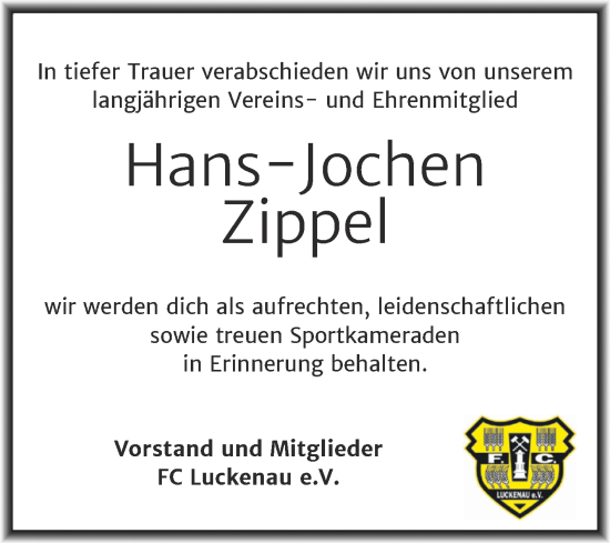 Traueranzeige von Hans-Jochen Zippel von Trauerkombi Zeitz
