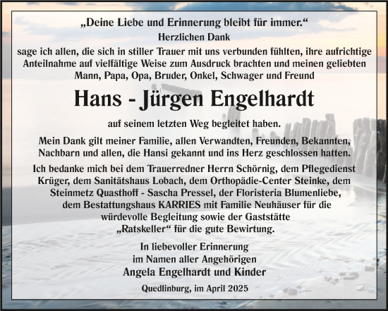 Traueranzeige von Hans-Jürgen Engelhardt von Trauerkombi Quedlinburg