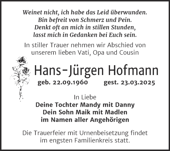 Traueranzeige von Hans-Jürgen Hofmann von Trauerkombi Wittenberg