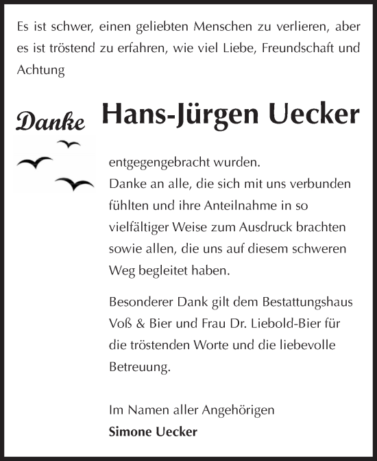 Traueranzeige von Hans-Jürgen Uecker von Volksstimme Wernigerode