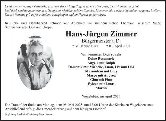 Traueranzeige von Hans-Jürgen Zimmer von Volksstimme Halberstadt
