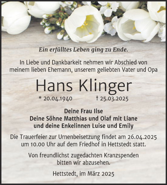 Traueranzeige von Hans Klinger von Trauerkombi Mansfelder Land