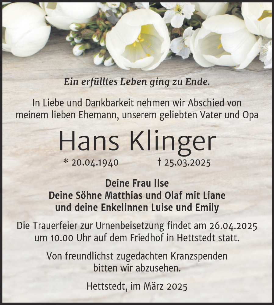  Traueranzeige für Hans Klinger vom 04.04.2025 aus Trauerkombi Mansfelder Land