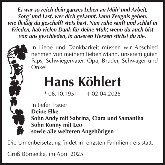 Traueranzeige von Hans Köhlert von Volksstimme Staßfurt
