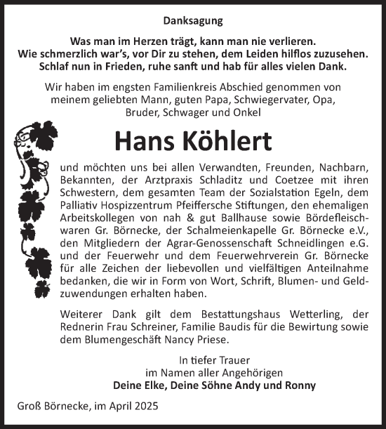 Traueranzeige von Hans Köhlert von Volksstimme Staßfurt