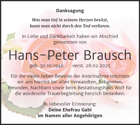 Traueranzeige von Hans-Peter Brausch von Trauerkombi Weißenfels