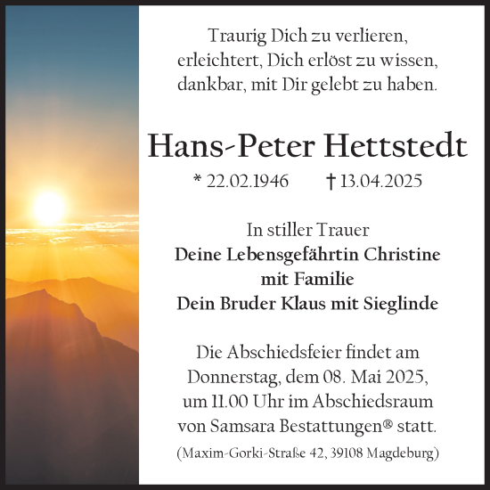 Traueranzeige von Hans-Peter Hettstedt von Volksstimme Magdeburg
