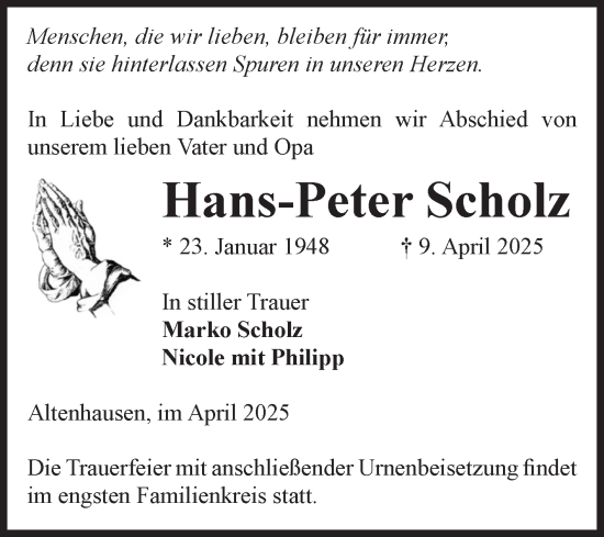 Traueranzeige von Hans-Peter Scholz von Volksstimme Haldensleben/Wolmirstedt