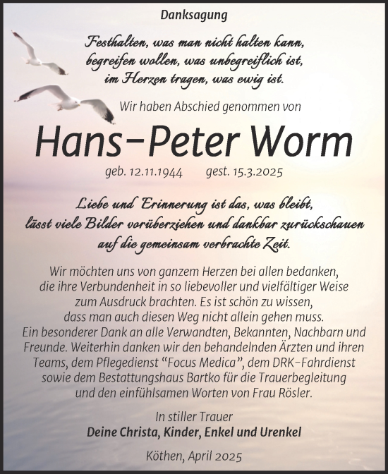 Traueranzeige von Hans-Peter Worm von Trauerkombi Köthen