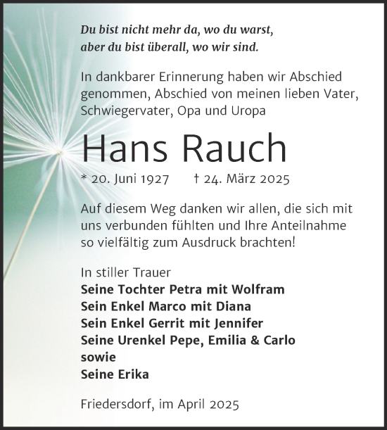 Traueranzeige von Hans Rauch von SuperSonntag Bitterfeld