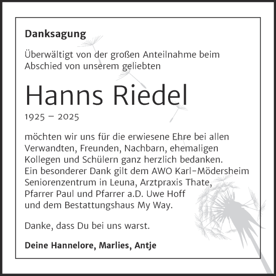 Traueranzeige von Hans  Riedel von Trauerkombi Weißenfels