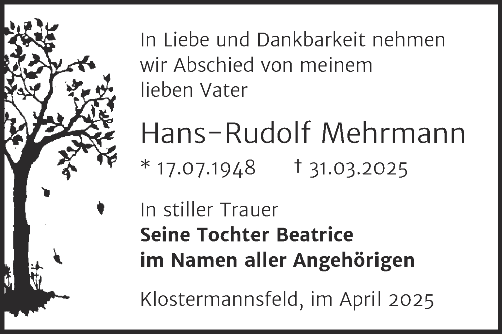  Traueranzeige für Hans-Rudolf Mehrmann vom 12.04.2025 aus Trauerkombi Mansfelder Land