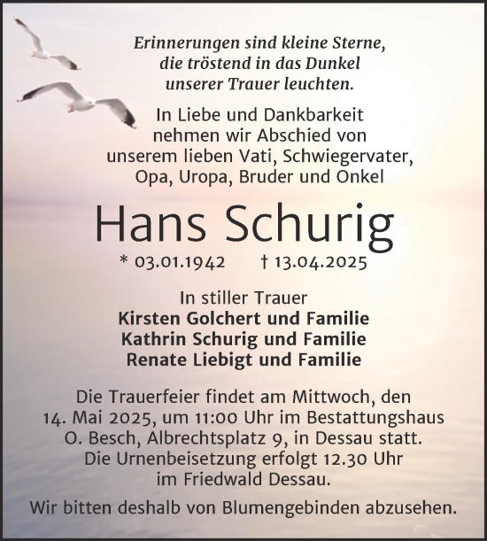 Traueranzeige von Hans Schurig von Trauerkombi Dessau