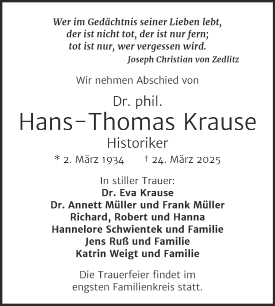 Traueranzeige von Hans-Thomas Krause von Mitteldeutsche Zeitung Halle/Saalkreis