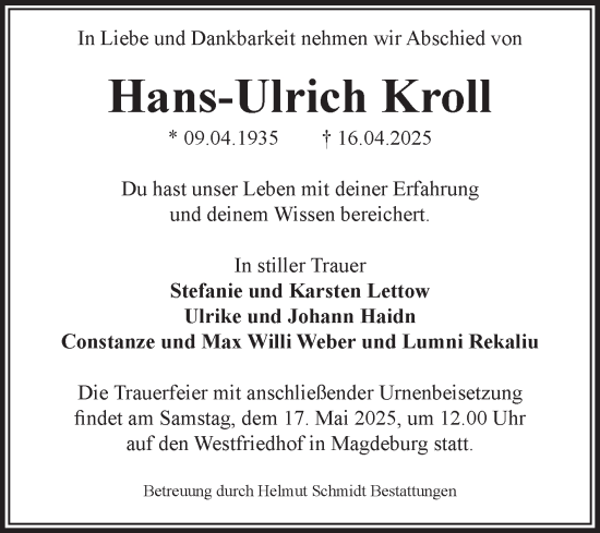 Traueranzeige von Hans-Ulrich Kroll von Volksstimme Magdeburg
