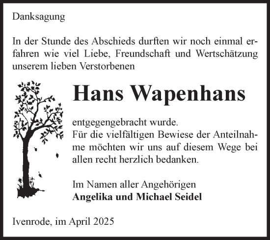Traueranzeige von Hans Wapenhans von Volksstimme Haldensleben/Wolmirstedt