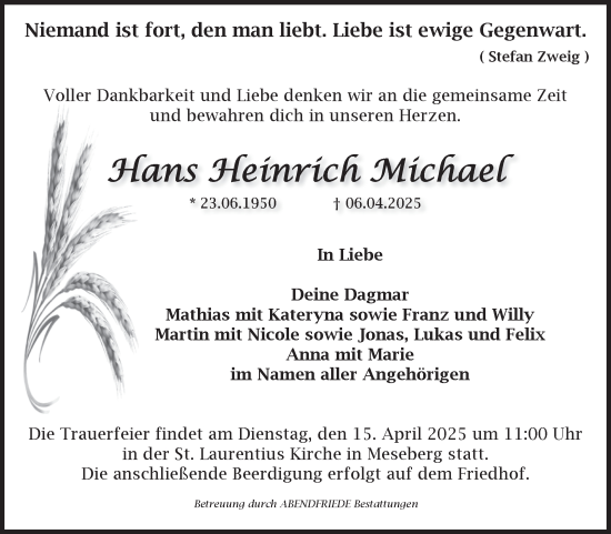 Traueranzeige von Hans Heinrich Michael von Volksstimme Haldensleben/Wolmirstedt