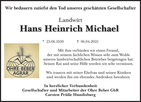 Traueranzeige von Hans Heinrich Michael von Volksstimme Haldensleben/Wolmirstedt