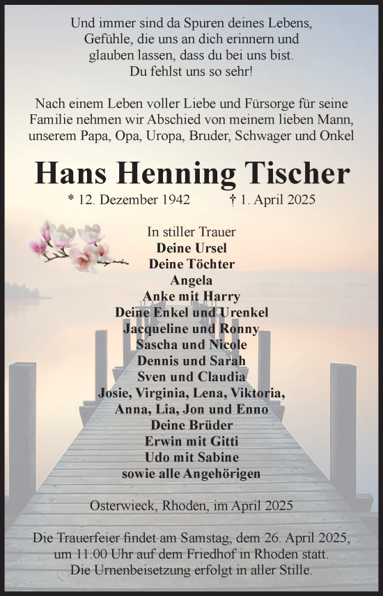 Traueranzeige von Hans Henning Tischer von Volksstimme Halberstadt