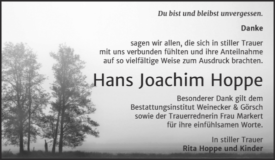 Traueranzeige von Hans Joachim Hoppe von Trauerkombi Bernburg