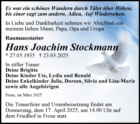 Traueranzeige von Hans Joachim Stockmann von Trauerkombi Aschersleben