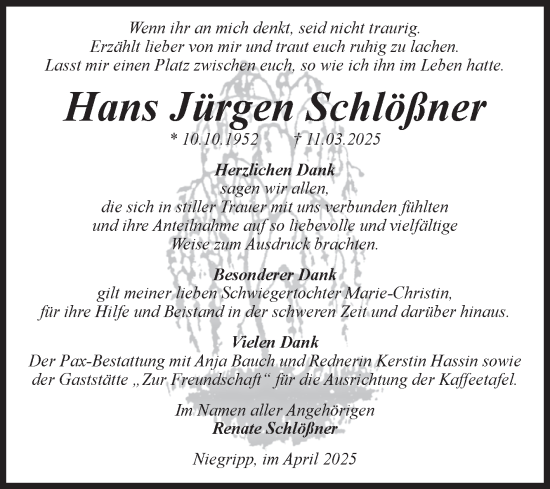 Traueranzeige von Hans Jürgen Schlößner von Volksstimme Burg/Genthin