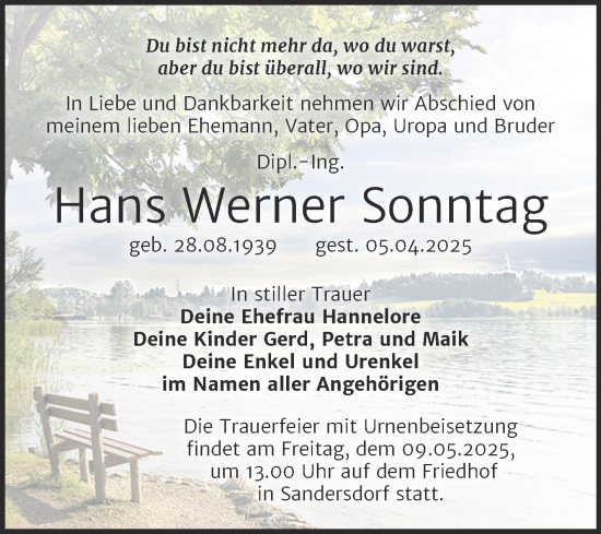Traueranzeige von Hans Werner Sonntag von Trauerkombi Bitterfeld