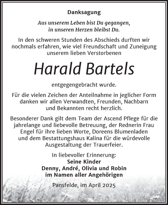 Traueranzeige von Harald Bartels von Trauerkombi Quedlinburg