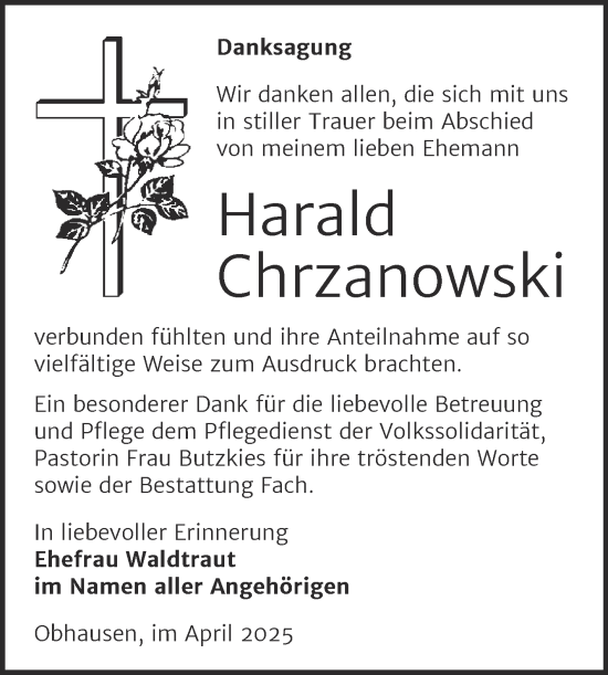 Traueranzeige von Harald Chrzanowski von Trauerkombi Merseburg