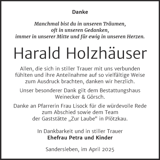 Traueranzeige von Harald Holzhäuser von Trauerkombi Bernburg