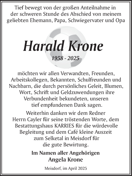 Traueranzeige von Harald Krone von Trauerkombi Quedlinburg