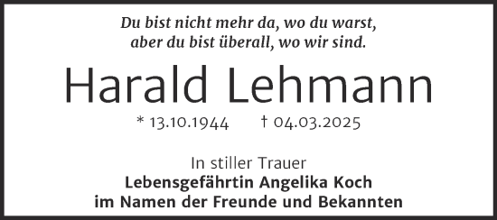 Traueranzeige von Harald Lehmann von Trauerkombi Bernburg