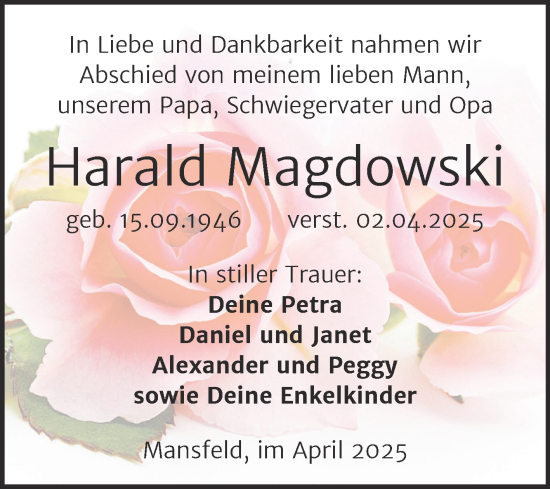 Traueranzeige von Harald Magdowski von Trauerkombi Mansfelder Land