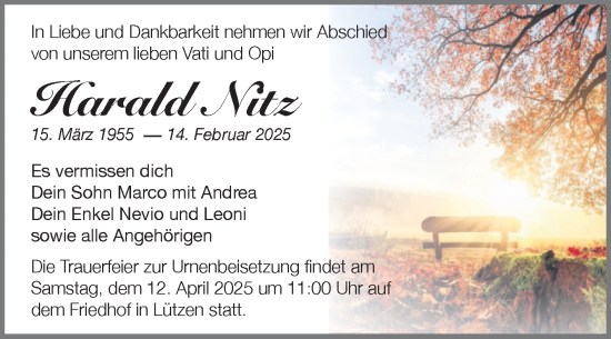 Traueranzeige von Harald Nitz von Trauerkombi Weißenfels