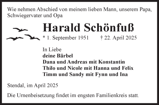 Traueranzeige von Harald Schönfuß von Volksstimme Altmark Ost