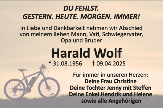 Traueranzeige von Harald Wolf von Super Sonntag Naumburg/Nebra