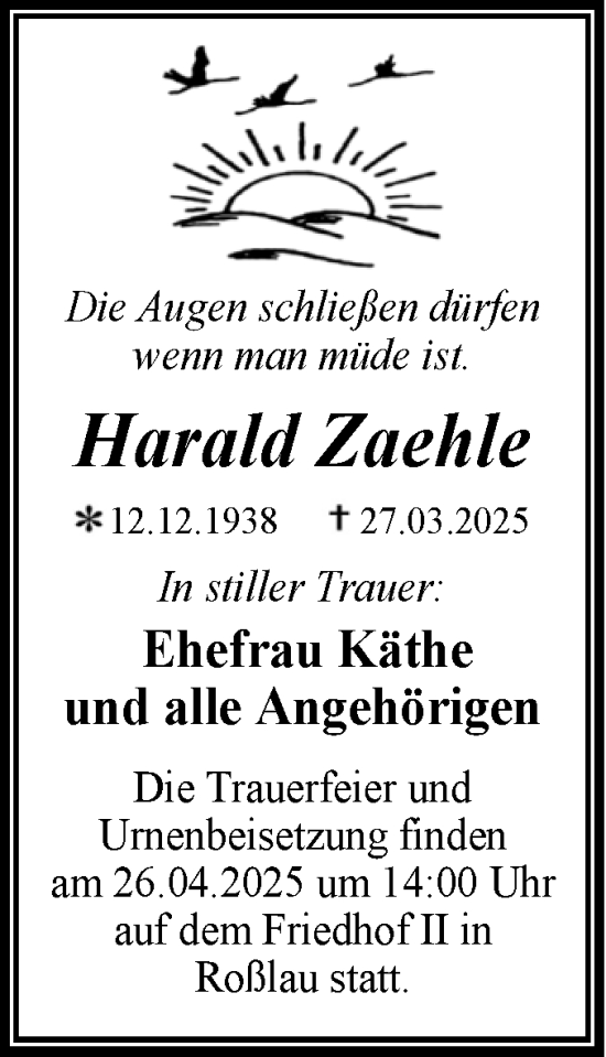 Traueranzeige von Harald Zaehle von Trauerkombi Dessau