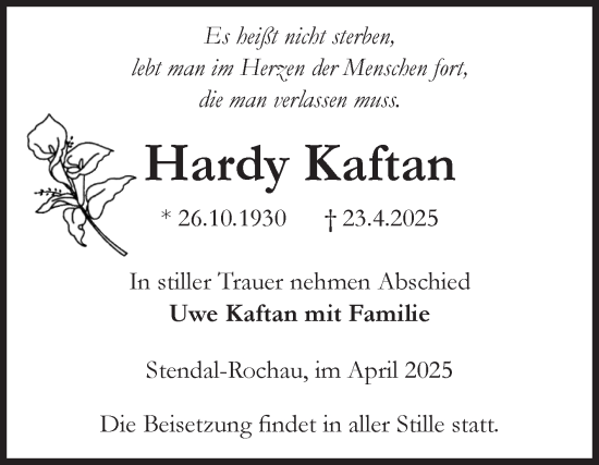 Traueranzeige von Hardy Kaftan von Volksstimme Altmark Ost