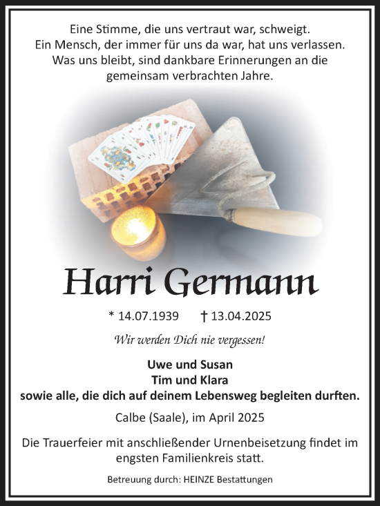 Traueranzeige von Harri Germann von Volksstimme Schönebeck