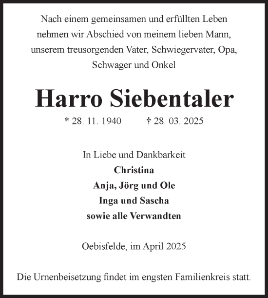 Traueranzeige von Harro Siebentaler von Volksstimme Altmark West