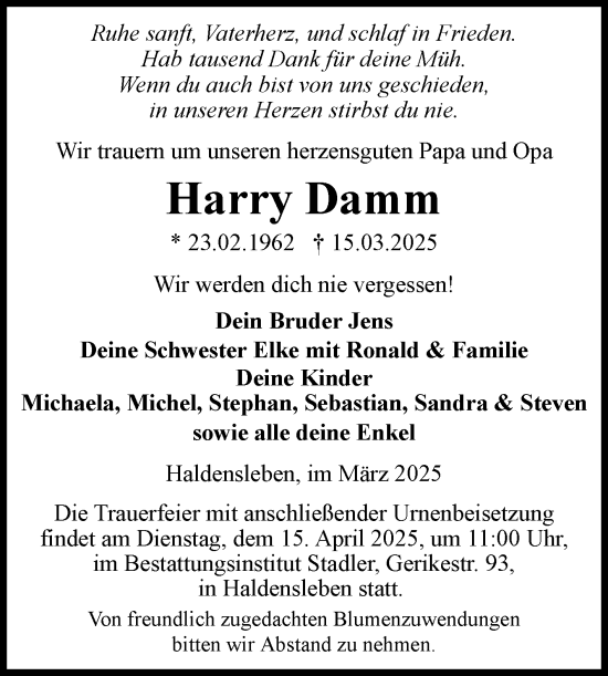 Traueranzeige von Harry Damm von Volksstimme Haldensleben/Wolmirstedt