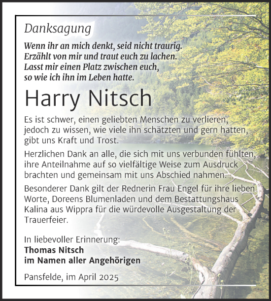 Traueranzeige von Harry Nitsch von Trauerkombi Quedlinburg